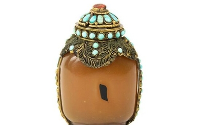19th C. Chinese Agate Snuff Bottle with Turquoise