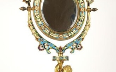 19th C. French Champleve Enamel & Bronze Figural MIrror
