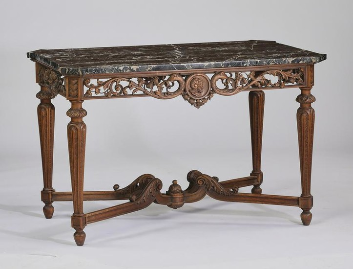 19th c. French carved walnut marble top center table
