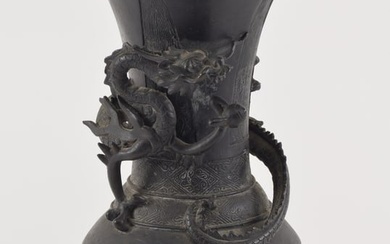 19th century Chinese bronze dragon vase with archaic panel decoration. 12.5in high.