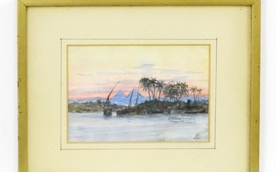 19th century, Watercolour, A view of the River Nile in Egypt with pyramids beyond fishing boats /