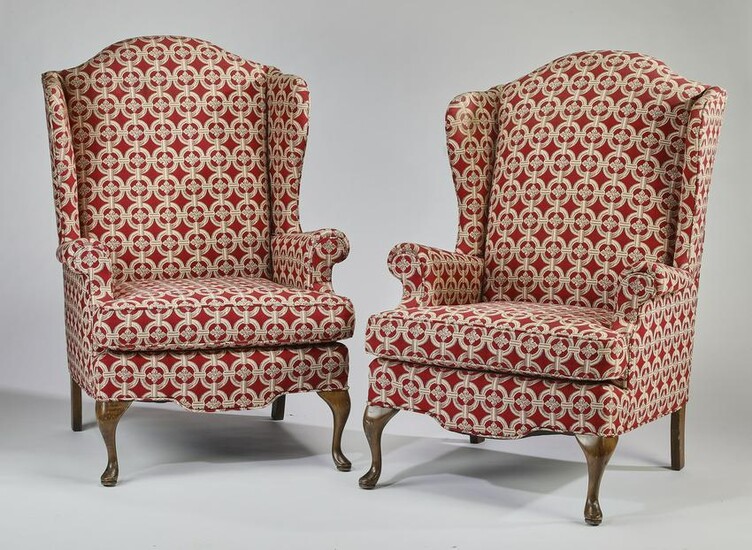 (2) Custom upholstered Queen Anne style wing chairs