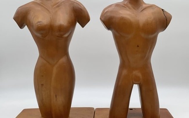 2 Hand Carved Wooden Male & Female Nudes