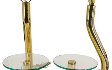 (2 Pc) Mid Century Modern Brass & Glass Table Lamps