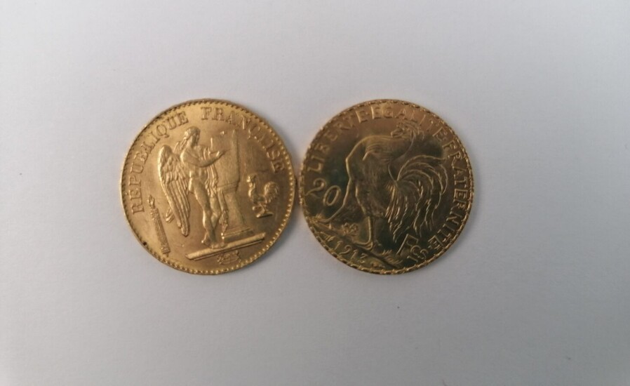2 pièces de 20F or au coq 1897 et 1913