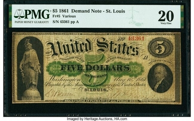 20003: Fr. 5 $5 1861 Demand Note PMG Very Fine 20. Whi