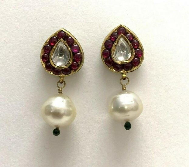 22-Kt Gold Enamel-Ruby-uncut diamond-pearls Earring