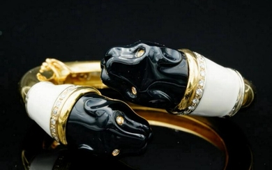 24mm Carved Onyx & 18K Panther Bracelet W/Diamonds