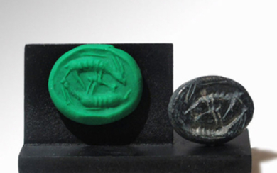 Ancient GreekBlack steatite Seal with Stags, Late Helladic II