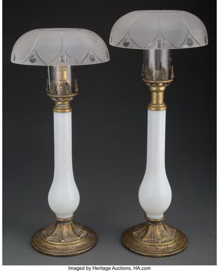 27103: A Pair of French Brass and Opaline Glass Table L