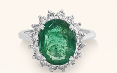 2.98Carat Green Emerald And Diamonds Diana Ring - 14 kt. White gold - Ring - 2.98 ct Emerald - Diamonds