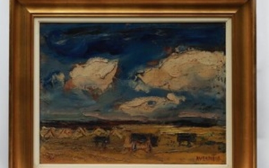 19TH CENTURY, LANDSCAPE OIL PAINTING WITH OLD WOOD