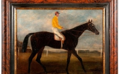 A 19th century oil on board painting of a racehorse and jockey.