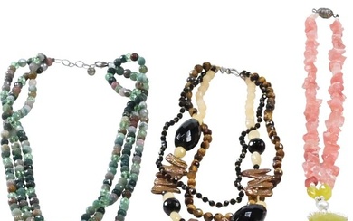 3 Assorted Natural Stone Necklaces: marked CL 3-Strand Quartz, Tiger Eye, Black Onyx with Sterling