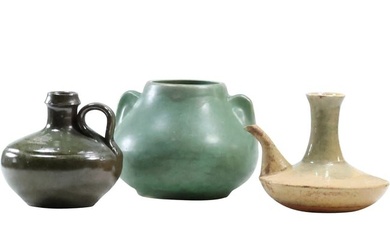 [3] Jugtown Ware Handled Jug, Green Arts & Crafts Pottery Vase, Studio Pottery Pitcher