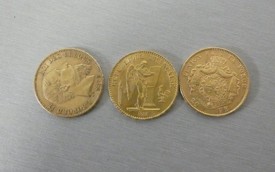 3 Pieces of 20 frs. Belgium Leopold II...