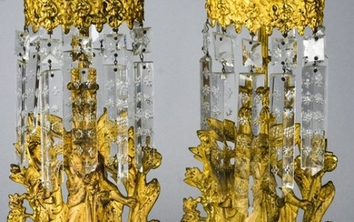 Pair Antique Ormolu Marble & Crystal Candlesticks