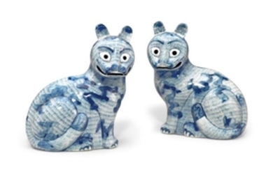 A PAIR OF BLUE AND WHITE CAT NIGHT LIGHTS, KANGXI PERIOD (1662-1722)