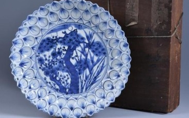 A Chinese blue and white moulded 'Three Friends of Winter' dish