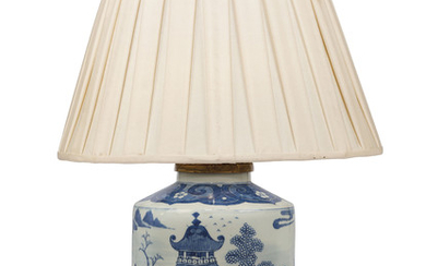 A CHINESE BLUE AND WHITE CYLINDRICAL CANISTER NOW MOUNTED AS A LAMP, 20TH CENTURY