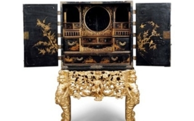 A CHINESE GILT-METAL MOUNTED BLACK LACQUER CABINET-ON-STAND, THE CABINET LATE 18TH/EARLY 19TH CENTURY, THE GILTWOOD STAND DUTCH AND LATE 17TH/EARLY 18TH CENTURY