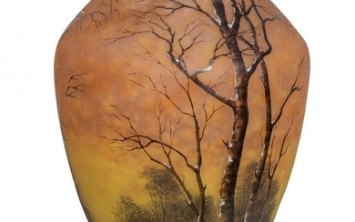 Fine Daum Nancy Enameled Glass Winter Landscape Vase