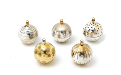 Five novelty silver Christmas ornaments