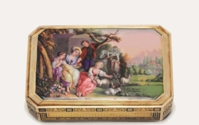 A FRENCH ENAMELLED GOLD SNUFF-BOX, BY CHRISTIAN PETSCHLER (FL. 1814-1822), MARKED, PARIS, STRUCK WITH THE FRENCH THIRD STANDARD GUARANTEE MARK FOR GOLD 1819-1838
