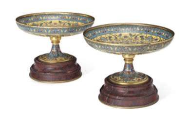 A PAIR OF FRENCH ORMOLU, CHAMPLEVÉ ENAMEL AND ROUGE GRIOTTE MARBLE COUPES, BY FERDINAND BARBEDIENNE, PARIS, LAST QUARTER 19TH CENTURY
