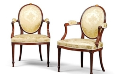 A PAIR OF GEORGE III MAHOGANY AND BOXWOOD-INLAID OPEN ARMCHAIRS, ATTRIBUTED TO THOMAS CHIPPENDALE THE YOUNGER, CIRCA 1778