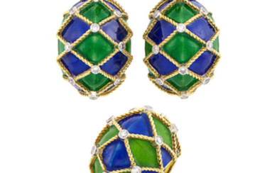 Pair of Gold, Platinum, Enamel and Diamond Bombé Earrings and Ring, Mauboussin, Paris