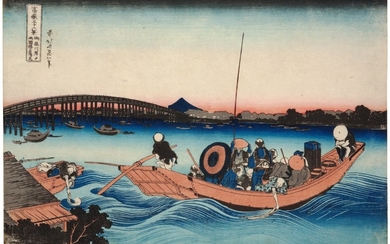 KATSUSHIKA HOKUSAI (1760–1849), EDO PERIOD, 19TH CENTURY | VIEWING SUNSET OVER RYÔGOKU BRIDGE FROM THE ONMAYA EMBANKMENT (ONMAYAGASHI YORI RYÔGOKU-BASHI NO SEKIYÔ O MIRU)