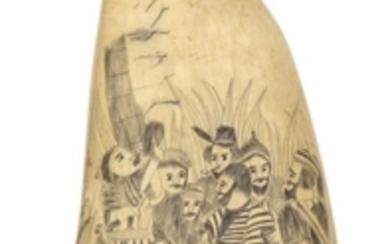 SCRIMSHAW WHALE'S TOOTH Obverse with a three-quarter-length portrait of a prim lady wearing a bonnet and a striped dress. Reverse wi..