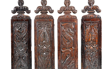 A set of four carved oak pew ends, probably Gloucestershire, circa 1600