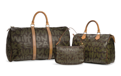 A SET OF THREE: A LIMITED EDITION KHAKI GREEN MONOGRAM GRAFFITI KEEPALL 50 A LIMITED EDITION KHAKI GREEN MONOGRAM GRAFFITI SPEEDY 30 A LIMITED EDITION KHAKI GREEN MONOGRAM GRAFFITI POCHETTE, LOUIS VUITTON BY STEPHEN SPROUSE, SPRING 2001