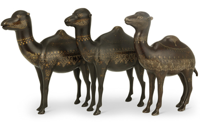 THREE BRASS OR GOLD AND SILVER OVERLAID STEEL CAMELS, IRAN, SECOND HALF 19TH CENTURY