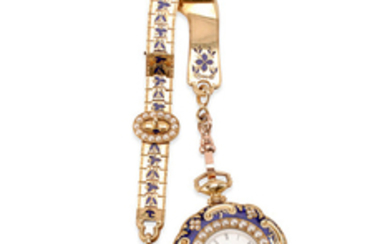 A Victorian pearl, enamel and 18k gold pocket watch