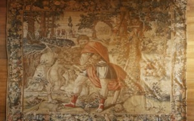 A Brussels mythological tapestry, The Labours of Hercules (4): Hercules wrestling with the Nemean ...