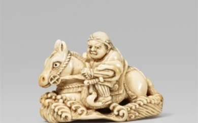 An ivory netsuke of a warrior on horseback. 19th century