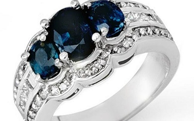 3.50 ctw Blue Sapphire & Diamond Ring 18k White Gold