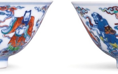 A SUPERBLY ENAMELLED PAIR OF DOUCAI 'EIGHT IMMORTALS' BOWLS MARKS AND PERIOD OF YONGZHENG