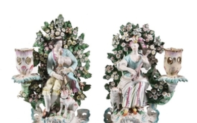 A pair of Derby porcelain figural candlesticks of a shepherd and companion, circa 1770