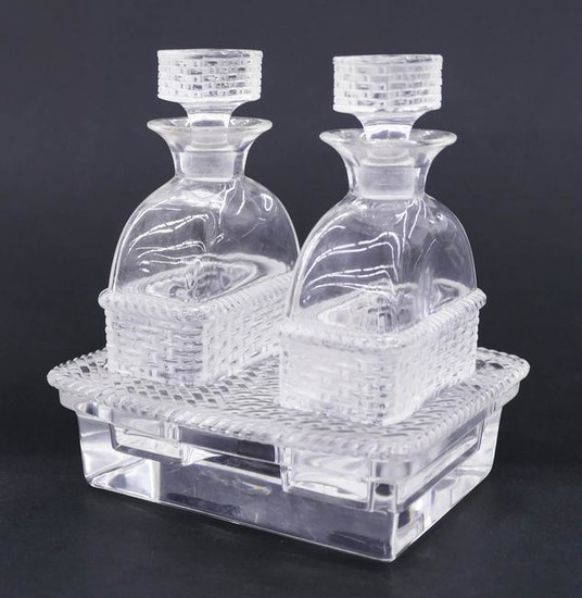 3pc Lalique ''Bangkok'' Crystal Cruet Set 5''x5''x4''.