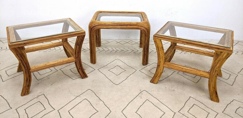 3pc Miami Modern Rattan Side End Tables. 2 with Arched