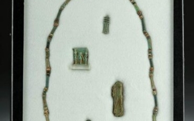 4 Egyptian Amulets + Faience Bead Necklace