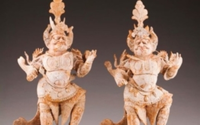 A pair of Lokapalas Of unusual size Terracotta sc…