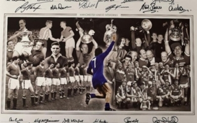 MANCHESTER UNITED SIGNED PRINT A SUPERBLY ILLUSTRATED PRINT DEPICTING FAMOUS MOMENTS THROUGHOUT MANCHESTER UNITED S HISTORY NEATLY SIGNED TO THE TOP AND