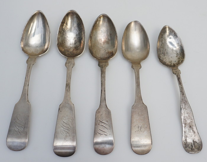 5 ANTIQUE AMERICAN COIN SILVER SPOONS