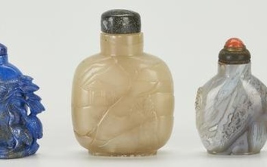 5 Carved Asian Snuff Bottles, incl. Lapis, Rock Quartz, Hardstone, Agate