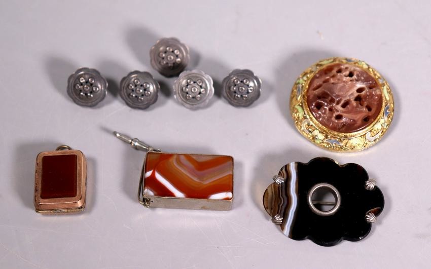 5 Chinese Silver Lotus Pod Buttons, 4 Agate Pins